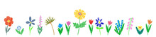Set Child Hand Drawn Drawing. Field, Meadow, Garden, Different Colorful Flowers, Grass. Drawing In A Childish Doodle Style.