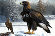 A golden eagle (Aquila chrysaetos) perches on the snow adjacent to its winter food. Generative AI