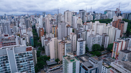 Many buildings in the Jardins neighborhood in Sao Paulo, Brazil. Residential and commercial buildings. Aerial view