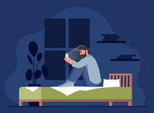Concept Of Gadget Addiction. Man Sits On Bed At Night With Smartphone In His Hands. Social Networks And Messengers, Interesting Content. Mental Health And Psychology. Cartoon Flat Vector Illustration