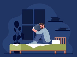 Concept of gadget addiction. Man sits on bed at night with smartphone in his hands. Social networks and messengers, interesting content. Mental health and psychology. Cartoon flat vector illustration