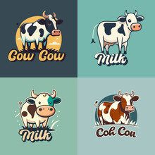 Logo Collection Of Cute Cow Face. Cow Milk Cartoon Mascot Logo Illustration