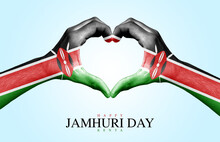 Happy Jamhuri Day Kenya Creative Poster With Kenya Flag Pattern Painted Heart Shaped Hand,Kenya Independence Celebration