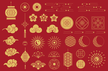 Aufkleber - Chinese elements and ornates isolated set in flat design. Bundle of asian gold traditional and symbols to holiday, lanterns, clouds, flowers, frames, knots, rosettes and other. Illustration.
