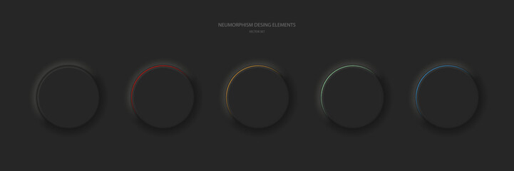 Wall Mural - round buttons on a black background. neomorphism ui design element set. vector illustration.