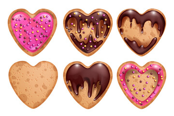 Heart cookie Valentine’s Day set, vector cartoon sweet food background kit, chocolate cute dessert. Holiday pastry doughnut, pink glaze, love symbol, biscuit frosting. Heart cookie bakery clipart