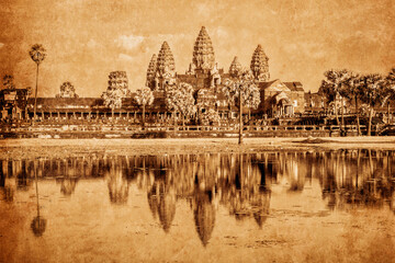 Fototapete - Vintage retro effect filtered hipster style weathered toned travel image of Cambodia landmark Angkor Wat with reflection in water