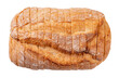 Sliced loaf of wholegrain bread cutout. White wheat bread cut into slices isolated on a white background. Bread baking and slicing. Carbohydrates and calories concept.
