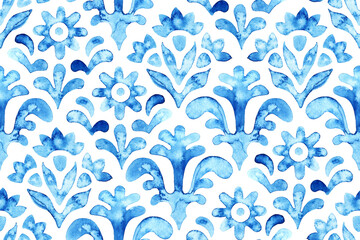 Seamless moroccan pattern. Wavy vintage tile. Blue and white watercolor ornament painted with paint on paper. Handmade. Print for textiles. Set of grunge textures.