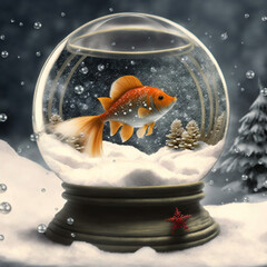 A goldfish in a christmas snow globe