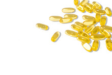 Close-up Transparent Golden Medical Pills Png. Omega 3 Capsules