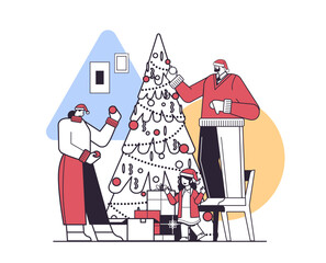 Sticker - family in santa hats decorating christmas tree happy new year merry christmas holidays celebration concept