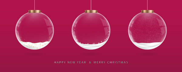 Wall Mural - Christmas glass baubles transparent balls with Snow,XMas Crystal sphere decorations isolated on Viva Magenta color background.Vector Realistic 3d design element for Christmas,New Year.color Trend 2023