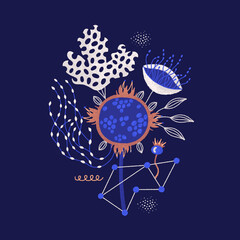 Wall Mural - Cosmic bouquet of mysterious witch night flowers. Floral design with magic plants in blue and brown colors. Hand drawn style. Cover, card, print on clothes, poster. Vector illustration