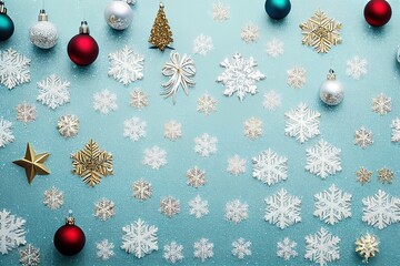 Wall Mural -  a blue background with snowflakes and christmas ornaments on it. Generative AI