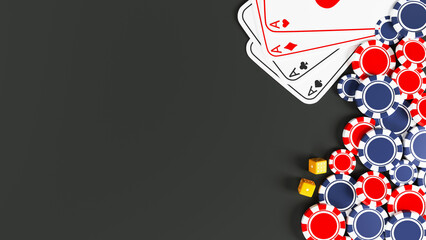 Poster - 3D Render Top View Of Aces Cards With Golden Dices, Casino Chips And Copy Space On Black Background.