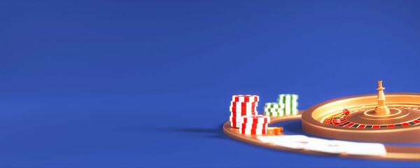 Canvas Print - Close View Of Roulette Wheel With Dices, Playing Cards, Poker Chip And Copy Space On Blue Background. 3D Render.