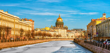 St. Petersburg View Towards St. Isaac's Cathedral From The Potseluev Bridge On The Moika River And Bolshaya Morskaya Street And The Moika Embankment