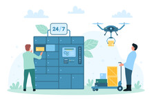 Delivery Express Service To Postal Terminal Vector Illustration. Cartoon Tiny People Receive Orders In Locker Of Automatic Post Station, Flying Courier Drone Delivering Box From Warehouse To Address