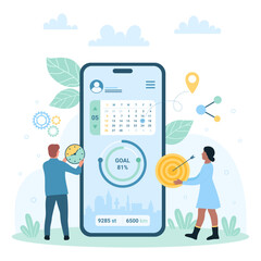 Fitness mobile app vector illustration. Cartoon tiny people work with training schedule in calendar, data about health from tracker application on phone screen, online service to manage workout