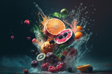 fruits splashing deep into water on a dark background closeup shot generative ai artwork that doesn'