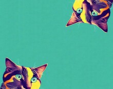 Cats Around The Corners On Green Background Illustration