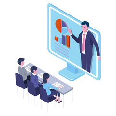 Wall Mural - isometric illustration of business people meeting online,chart ,presentation,team