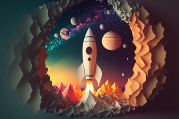 Wall Mural - paper art style illustration of space rocket with galaxy background