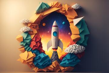 paper art style illustration of space rocket with galaxy background