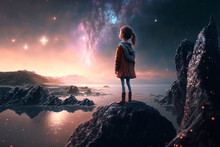 A Child Standing At Cliff Looking At Beautiful Starry Sky At Night, Glitter Glow Galaxy Sky At Night Time