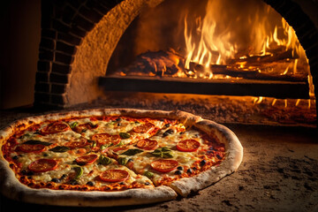 Wall Mural - illustration of baked pizza with stove as background