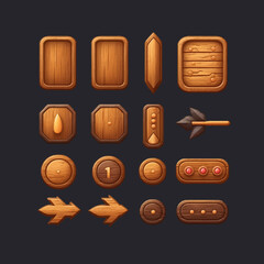 Wooden game buttons, cartoon menu interface made of wood textured boards, ui or gui graphic design elements. A beautiful fantastic children's play template isolated on background. Vector illustration