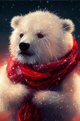 Wall Mural - Ai generated illustration of a white bear in a red scarf against a dark background