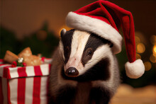 Badger In Santa Hat With Christmas Gift
