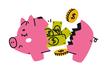 Poster - Broken Pink Money Box or Piggy Bank as Container for Coin Storage Vector Illustration