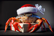 crab in sant hat with christmas present