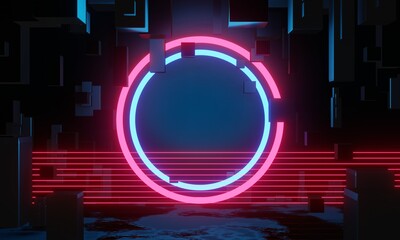 3d illustration rendering,gaming gamer background abstract wallpaper,cyberpunk style metaverse scifi game, neon glow of stage scene pedestal room