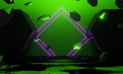 3d illustration rendering, gaming gamer background abstract wallpaper, cyberpunk style metaverse scifi game, neon glow of stage scene