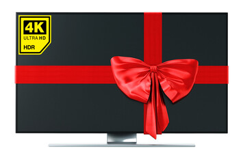4K Ultra HD TV wrapped with red ribbon on transparent background.