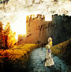 A girl and a castle seen in the distance. Sun at sunset  