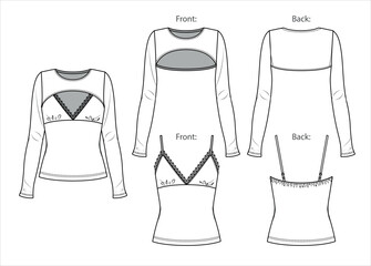 Sticker - Vector 2 pieces set fashion CAD, long sleeved woman crop bolero and tank top with lace trim technical drawing, sketch, template, flat. Jersey or woven fabric blouse with front, back view, white color