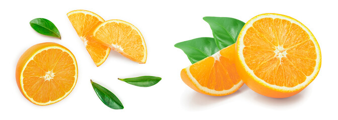 Wall Mural - orange with leaves isolated on white background. Top view. Flat lay