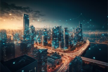Leinwandbilder -  smart city at night, application development concept, smart city, Internet of things, smart life, information technology, gradient grid line, metaverse connection technology concept. ai