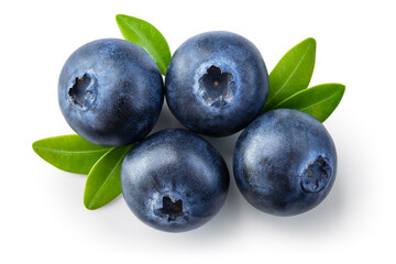 Canvas Print - Blueberry isolated. Blueberries top view. Blueberry with leaves flat lay on white background with clipping path.