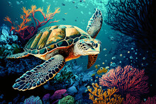 Colorful Illustration Of A Sea Turtle Swimming Over Coral Reefs. Generative AI.
