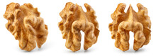 Walnut Kernel Isolated. Walnut Half On White Background. Set Of Peeled Broken Walnut Kernel. Collection With Clipping Path. Full Depth Of Field.