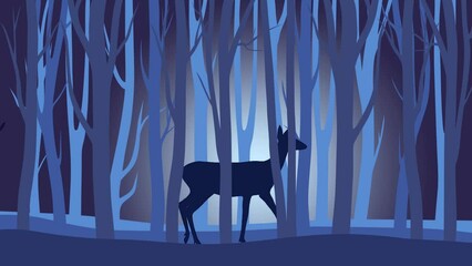 Wall Mural - Beautiful night landscape with moose and roe deer, walking in the forest (animation, seamless loop)