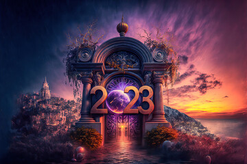 Happy New Year 2023 Backdrop Background Cover Digital Art with Generative AI Technology