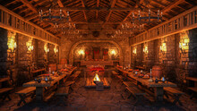Ancient Medieval Dining Hall With Meat Roasting Over An Open Fire. 3D Rendering.