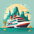 Cruise ship tropical island vacationing background. Luxury voyage cruises on a passenger ship vessel to amazing destinations. Marine relaxation holiday vacation, travel and adventure transport
